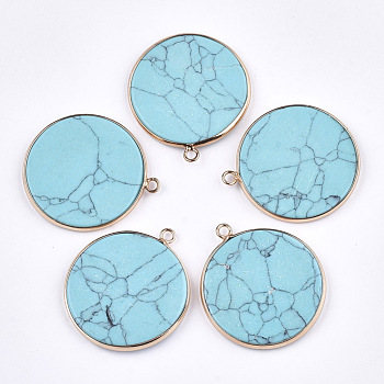 Synthetic Turquoise Pendants, with Brass Findings, Flat Round, Golden, 35~36x31~32x3mm, Hole: 2mm