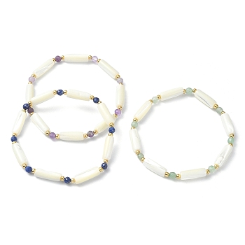 3Pcs 3 Style Natural Mixed Gemstone & White Shell Tube Beaded Stretch Bracelets Set, Stackable Bracelets for Women, Inner Diameter: 2-1/8~2-3/8 inch(5.5~6cm), 1Pc/style