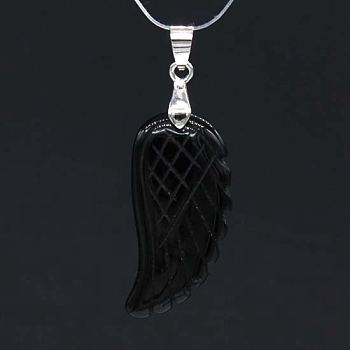 Natural Black Onyx Pendants, with Platinum Tone Brass Findings, Dyed & Heated, Wing, 35x17mm