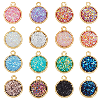 Opaque Resin Pendants, with Golden Tone Alloy Findings, Flat Round, Mixed Color, 18x15x3.5~4mm, Hole: 1.8mm, 32pcs/box