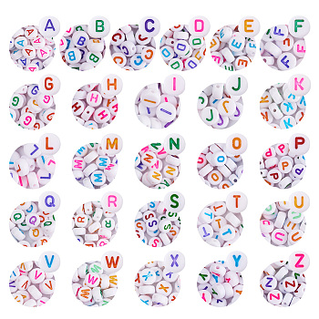 1300Pcs 26 Style Initial Acrylic Beads, Flat Round, Mixed Color, Letter A~Z, 7x3.5~4mm, Hole: 1.2mm, 50pcs/style
