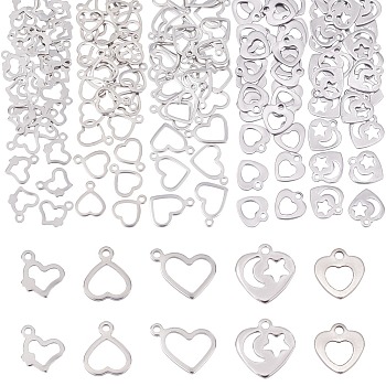 Unicraftale 150Pcs 5 Style 304 Stainless Steel Open Pendants, Hollow, Heart, Stainless Steel Color, 30pcs/style