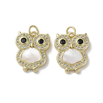 Brass Micro Pave Cubic Zirconia Pendants, with Shell, Real 18K Gold Plated, Owl, 18x14.5x3.5mm, Hole: 3mm