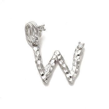 Rack Plating Brass Micro Pave Cubic Zirconia European Dangle Charms, Large Hole Letter Pendant, Platinum, Long-Lasting Plated, Cadmium Free & Lead Free, Letter W, 26.5mm, Charm: 14x18x2mm, Hole: 4x2.5mm