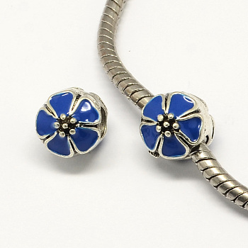 Alloy Enamel Flower Large Hole Style European Beads, Antique Silver, Royal Blue, 10x11mm, Hole: 4mm