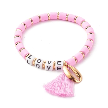 Word Love Beads Stretch Bracelet for Girl Women, Cowrie Shell Shape & Tassel Charm Bracelet, Golden, Pink, Inner Diameter: 2-1/8 inch(5.5cm)