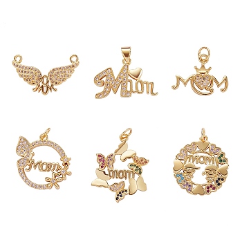 6 Pcs 6 Styles Brass Micro Pave Cubic Zirconia Charms, for Mother's Day, Cadmium Free & Nickel Free & Lead Free, Mixed Shapes, Real 16K Gold Plated, 1pc/style