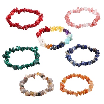 8Pcs 8 Styles Gemstone Chip Beads Stretch Bracelets Sets, Inner Diameter: 2~2-3/8 inch(5.2~6cm), 1pc/style