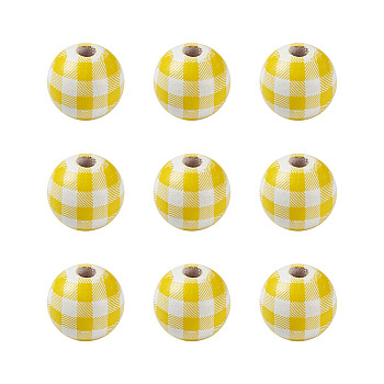 Natural Wooden Beads, Plaid Beads, Tartan Pattern, Round, Yellow, 5/8 inch(16mm), Hole: 4mm