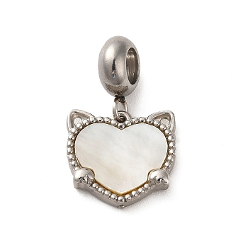 304 Stainless Steel European Dangle Charms, Large Hole Pendants with Heart Shaped White Shell, Cat Head, Stainless Steel Color, 22mm, Pendant: 13.5x14x3mm, Hole: 4.5mm