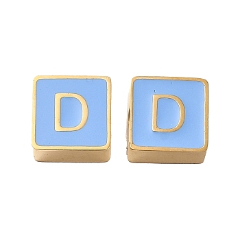 304 Stainless Steel Enamel Beads, Real 14K Gold Plated, Square with Letter, Letter D, 8x8x4mm, Hole: 2mm