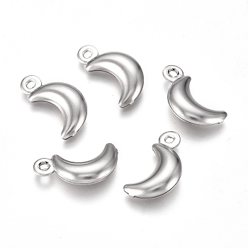 304 Stainless Steel Pendants, Moon, Stainless Steel Color, 16x8x3mm, Hole: 1mm