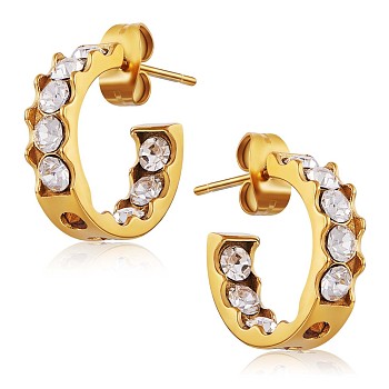 Clear Cubic Zirconia C-shape Stud Earrings, 430 Stainless Steel Half Hoop Earrings for Women, Golden, 15x4mm, Pin: 1mm