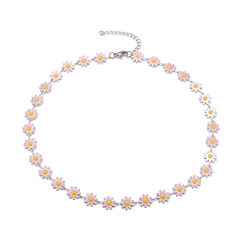 Enamel Daisy Link Chain Necklace, Vacuum Plating 304 Stainless Steel Jewelry for Women, Stainless Steel Color, Pink, 16.3 inch(41.5cm)