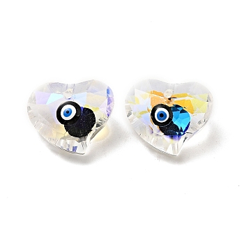 Transparent Glass Beads, with Enamel, Faceted, Heart with Evil Eye Pattern, Black, 15.5x18.5x10mm, Hole: 1.6mm