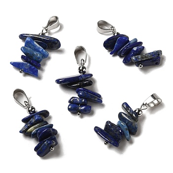 Natural Lapis Lazuli Chip Pendants, Lucky Charms with Stainless Steel Color Plated Stainless Steel Snap on Bails, 24~27x11~14x7~10mm, Hole: 7x4mm