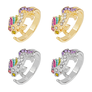 4Pcs 2 Colors Unicorn Colorful Rhinestone Open Cuff Rings Set, Alloy Jewelry for Women, Platinum & Golden, Inner Diameter: US Size 6 3/4(17mm), 2Pcs/color