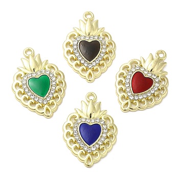 Alloy Pendant, with Glass, Cadmium Free & Nickel Free & Lead Free, Heart with Lotus Charms, Mixed Color, Golden, 27x18.5x3mm, Hole: 1.6mm