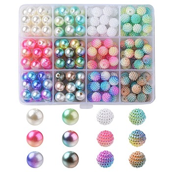 204Pcs 12 Style ABS Plastic Imitation Pearl Beads, Gradient Mermaid Pearl Beads and Berry Beads, Round, Mixed Color, 9.5~10x9~10mm, Hole: 1.6~2mm, 17pcs/style