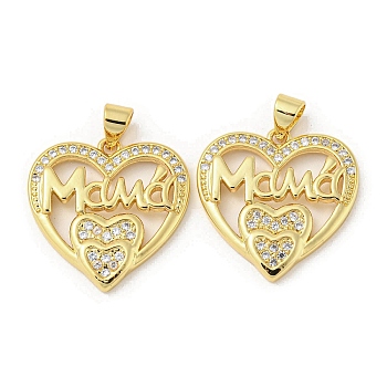 Mother's Day Theme Rack Plating Brass Micro Pave Cubic Zirconia Pendants, Long-Lasting Plated, Lead Free & Cadmium Free, Heart and Word Mama Charms, Real 18K Gold Plated, 21x21x2.5mm, Hole: 5x3mm