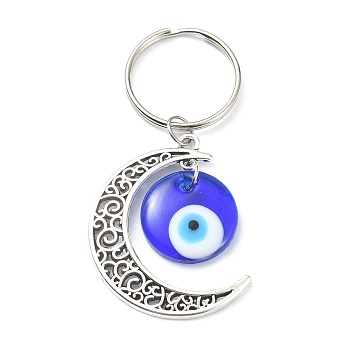 Alloy Moon Pendant Keychain, with Lampwork Evil Eye, Iron Split Key Rings, Antique Silver & Platinum, 6.9cm