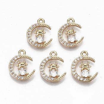 Brass Micro Pave Cubic Zirconia Pendants, Light Gold, Long-Lasting Plated, Cadmium Free & Lead Free, Moon with Cow, Clear, 17x13x3mm, Hole: 1.8mm