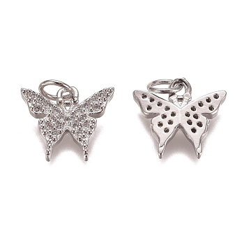 Brass Micro Pave Clear Cubic Zirconia Charms, with Jump Rings, Butterfly, Platinum, 11x12.5x2.5mm, Hole: 3mm