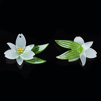 Plastic Pendants, with Golden Plated Stainless Steel Beads, Flower, Green, 22x28~29x7~8mm, Hole: 1.2mm