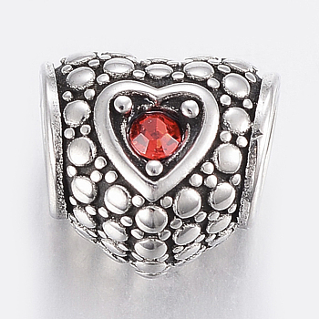304 Stainless Steel European Rhinestone Beads, Large Hole Beads, Heart, Ruby, Antique Silver, 10x11x8.5mm, Hole: 5mm