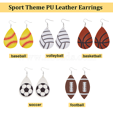 8 Pairs 8 Style PU Imitation Leather Teardrop with Sport Theme Pattern Dangle Earrings(EJEW-AN0001-79)-3