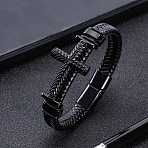 Artificial Leather Cord Braided Bracelets for Men, Cross, with Alloy Magnetic Clasp, Black, 8-5/8 inch(22cm)(FS-WGEBCD0-02)
