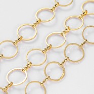 Brass Handmade Chains, with Spool,  Golden Color,  Mother Link: 12mm in diameter,  0.8mm thick,  Son Link: 1.2mm wide,  7.5mm long,  0.5mm thick, about 10m/roll(CHR074-Q12-G)