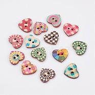 Wooden Buttons, 2-Hole, Heart, Mixed Color, 16x18x2.5mm, Hole: 1.5mm(BUTT-K005-16x18mm)
