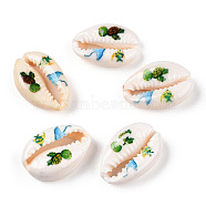 Printed Cowrie Shell Beads, No Hole/Undrilled, Sea Turtle Pattern, Turtle, 18.5~22x13~14.5x6~7.5mm(SSHEL-ZX006-05B)