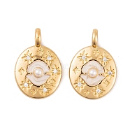 Brass Micro Pave Cubic Zirconia Pendants, with Enamel and ABS Beads, Real 18K Gold Plated Oval with Shell Shape Charms, White, 25x17x5mm, Hole: 4mm(KK-E108-27G)