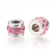 201 Stainless Steel Rhinestone Beads, Column, Rose, 7x5mm, Hole: 3mm(RB-YWC0001-02G)