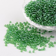 Round Glass Seed Beads, Trans. Colours Lustered, Green, Size: about 2mm in diameter, hole: 1mm, about 3306pcs/50g(X-SEED-A006-2mm-107)