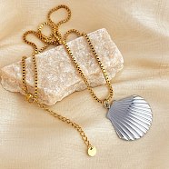 304 Stainless Steel Summer Beach Pendant Box Chain Necklaces, Real 18K Gold Plated & Stainless Steel Color, Shell Shape, 18.03 inch(45.8cm)(NJEW-K389-01GP-03)