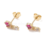 Deep Pink Cubic Zirconia Flat Round Dangle Stud Earrings, Brass Jewelry for Women, Cadmium Free & Lead Free, Real 18K Gold Plated, 10x4.5mm, Pin: 0.6mm(EJEW-C029-03G)