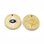 Vacuum Plating 201 Stainless Steel Pendant, with Enamel, Real 18K Gold Plated, Flat Round with Evil Eye Charm, Black, 18x2.7mm, Hole: 1.2mm(STAS-J401-VC830)