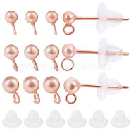 6 Pairs 3 Size 925 Sterling Silver Ear Stud Findings, Ball Stud Earring Post with Loops & 20Pcs Plastic Ear Nuts, Rose Gold, 14~15mm, Hole: 1mm, Pin: 0.7mm(STER-BBC0001-63RG)