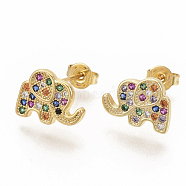 Brass Micro Pave Colorful Cubic Zirconia Stud Earrings, with Earring Backs, Elephant, Real 16K Gold Plated, 9x12mm, Pin: 0.7mm(EJEW-S208-044)