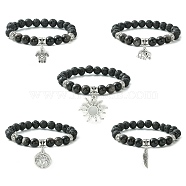 Natural Lava Rock & Silver Obsidian Beaded Stretch Bracelet with Alloy Charms, Mixed Shapes, Inner Diameter: 2-1/8 inch(5.4cm)(BJEW-JB09453)