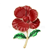 Alloy Brooches, Camellia Enamel Pins, Flower, Golden, Red, 96.5x62.5mm(JEWB-I034-28G-02)