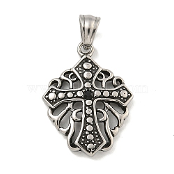 316 Surgical Stainless Steel Pendants, with Rhinestone, Cross Charm, Religion, Jet, 26.5x20x3.5mm, Hole: 5x6mm(STAS-E212-55AS-A)