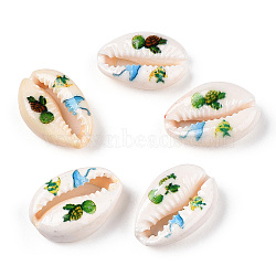 Printed Cowrie Shell Beads, No Hole/Undrilled, Sea Turtle Pattern, Turtle, 18.5~22x13~14.5x6~7.5mm(SSHEL-ZX006-05B)