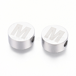 304 Stainless Steel Beads, Flat Round with Letter, Letter.M, 10x4.5mm, Hole: 2mm(STAS-I126-02P-M)