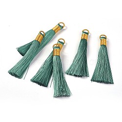 Nylon Tassel Big Pendants, with Iron Findings, Golden, Sea Green, 80x8.5mm, Hole: 5x6.5mm(FIND-F008-E01)