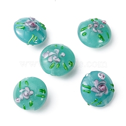 Handmade Lampwork Beads, Half Round wit Flower, Sky Blue, 20x10mm, Hole: 2mm(LAMP-J089-M02)