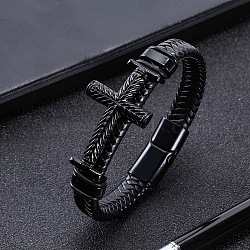 Artificial Leather Cord Braided Bracelets for Men, Cross, with Alloy Magnetic Clasp, Black, 8-5/8 inch(22cm)(FS-WGEBCD0-02)